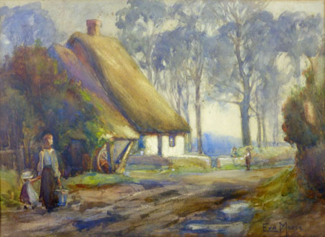 Ether Marsh,
Mother and child walking before a thatched cottage,
Signed lower right, Watercolour,
26