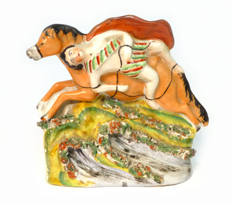 A Staffordshire equestrian figural group modelled as Mezeppa on his galloping horse, h. 12.5 cm (