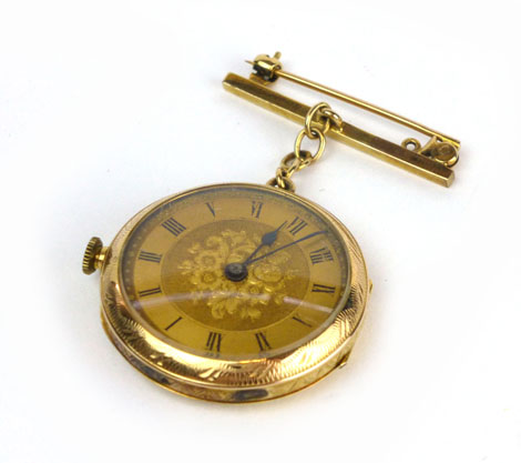 A ladies Continental 18ct yellow gold cased open face fob watch, the florally engraved gold coloured