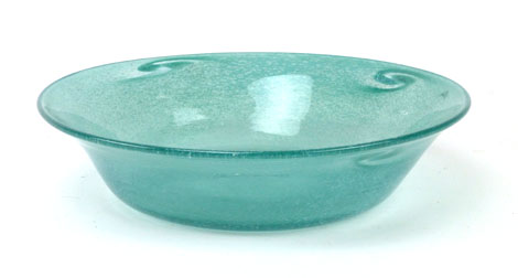 A Monart-type aqua and white fleck glass bowl decorated with four equidistant whirls, d. 24.5 cm