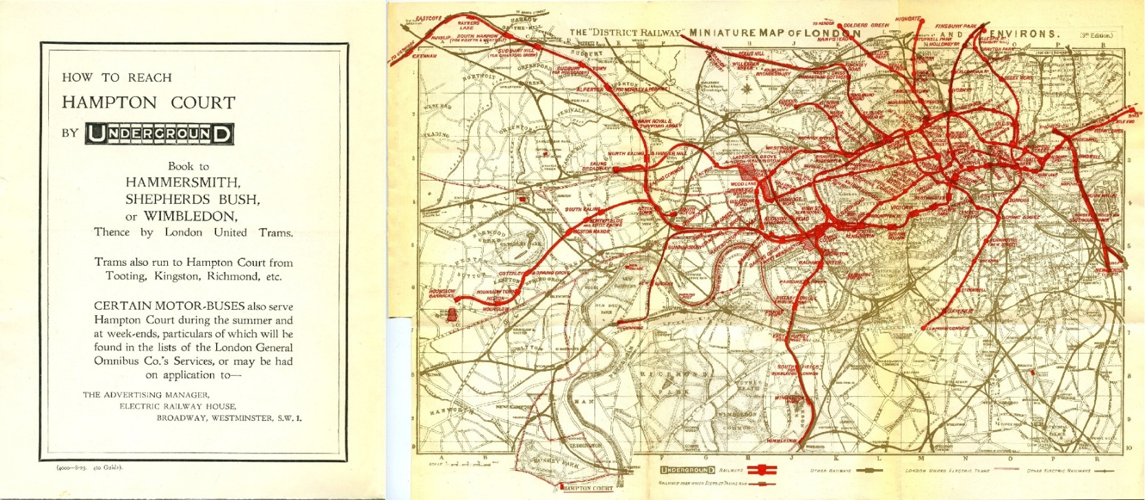 1923 District Railway MAP "How to reach Hampton Court by UndergrounD" aka "The District Railway