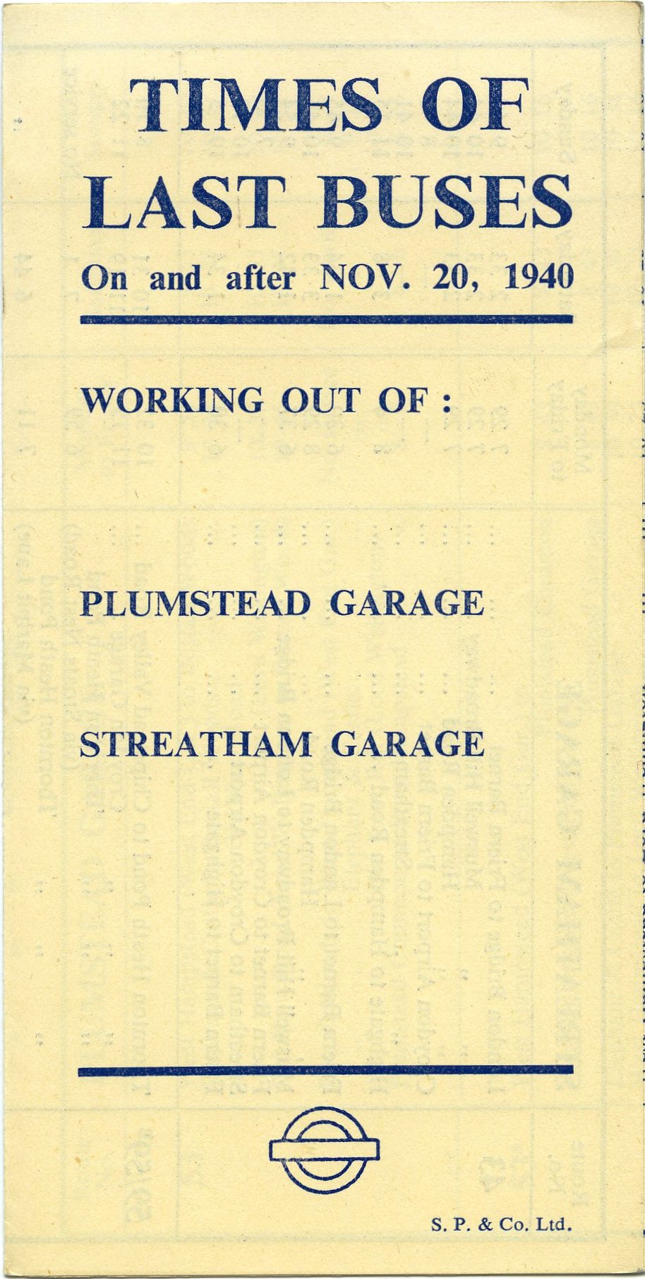 London Transport WW2 fold-out TIMETABLE LEAFLET "Times of Last Buses on and after Nov. 20, 1940