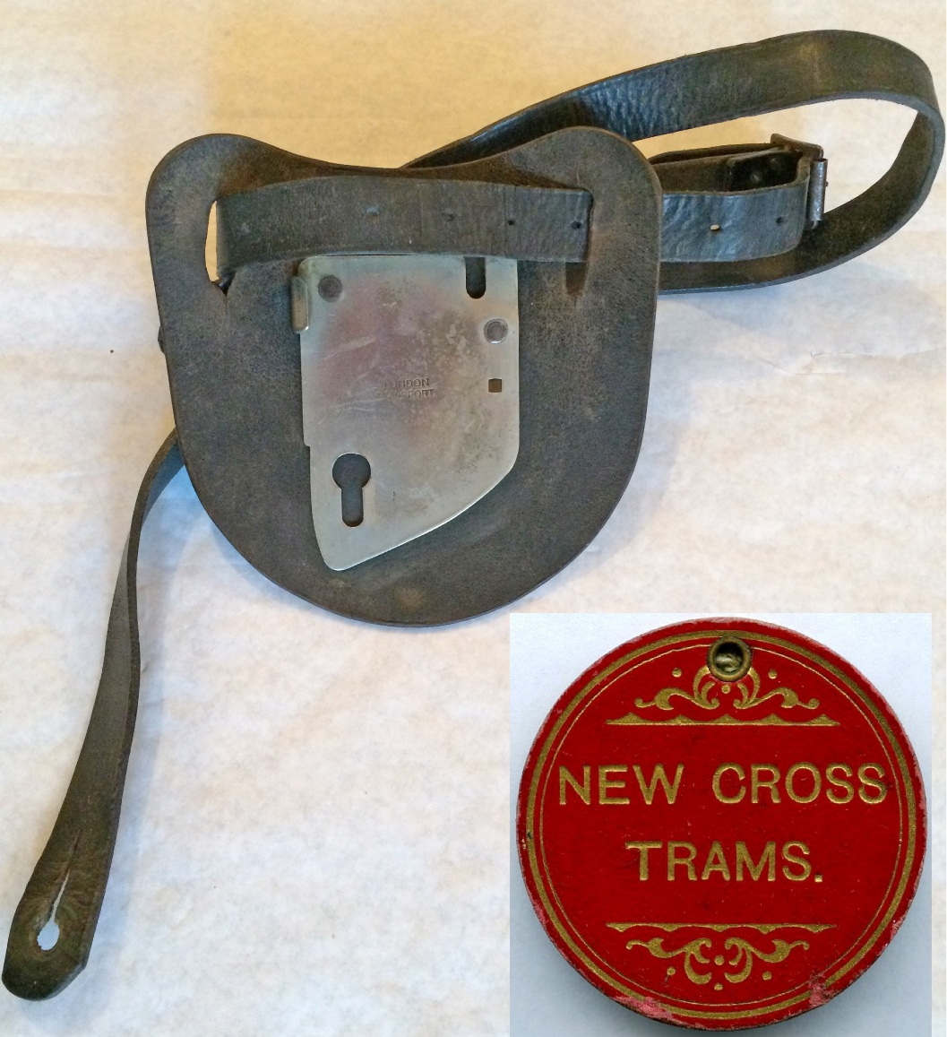 London tram items comprising a BACKING PLATE & STRAP for an LCCT/LPTB A-type ticket punch (inscribed