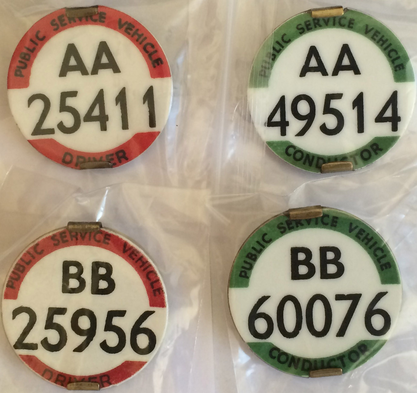 Sets of bus Driver's and Conductor's PSV BADGES for the Northern & Yorkshire (AA & BB) Regions