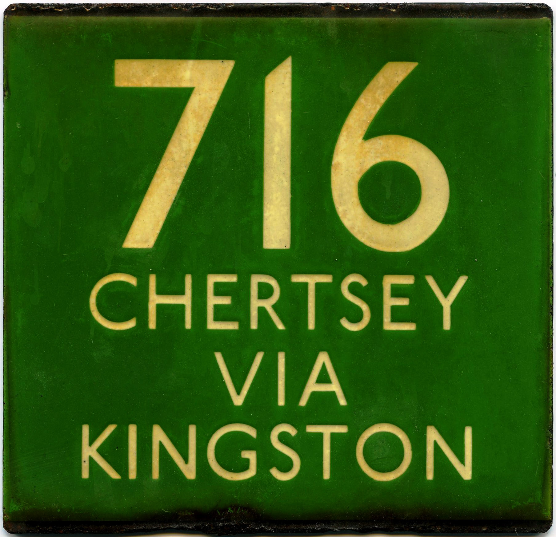 London Transport enamel coach stop E-PLATE for Green Line route 716 Chertsey via Kingston. This is
