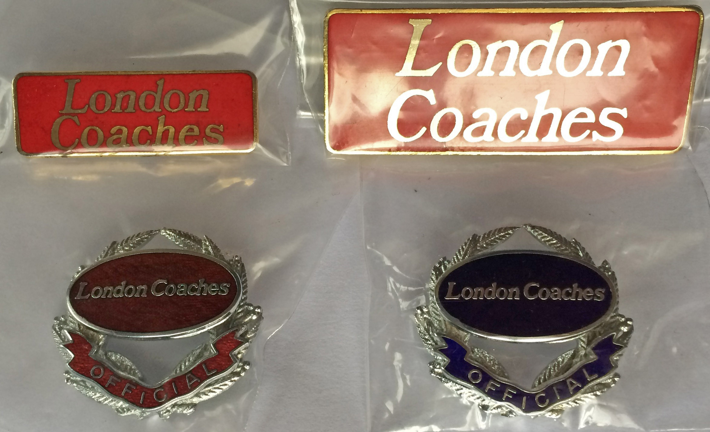 London Coaches enamelled CAP & LAPEL BADGES from the 1990s comprisng 2 x Official's brooches with