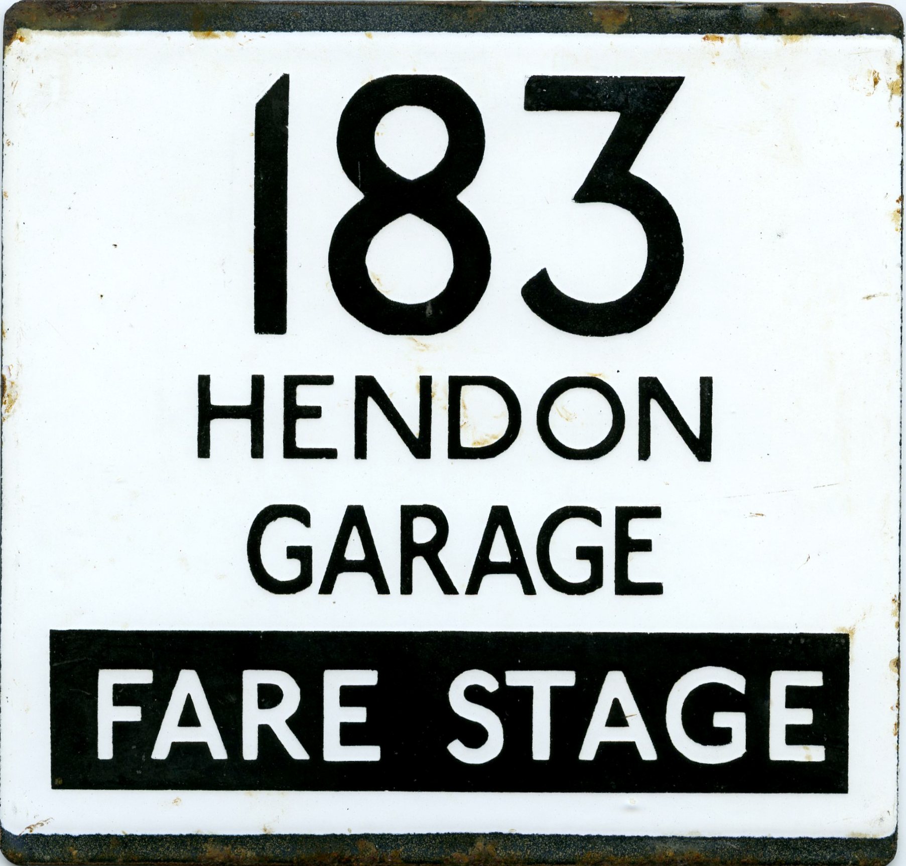 London Transport enamel bus stop E-PLATE '183 Hendon Garage Fare Stage'. Route 183 ran between