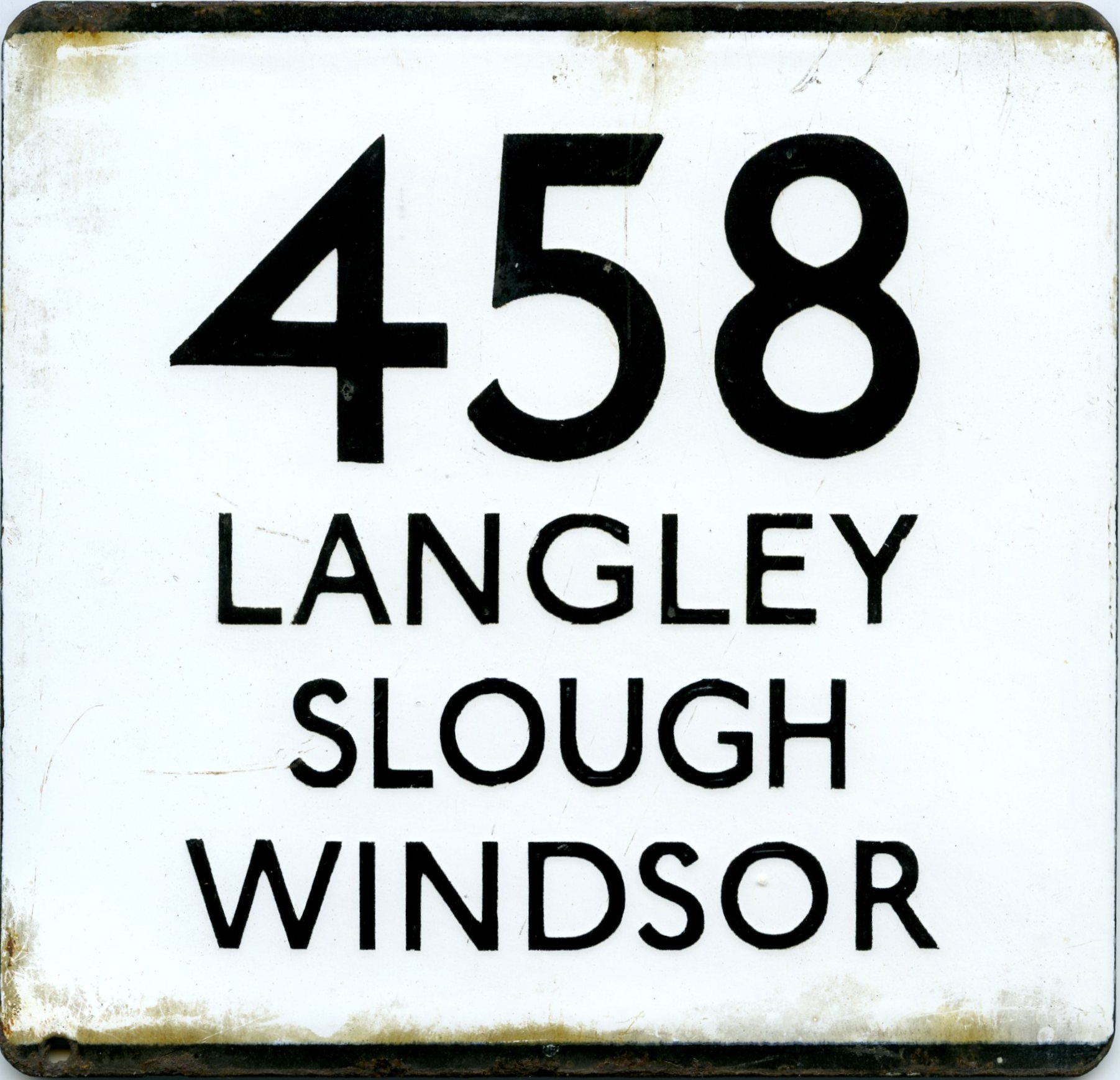 London Transport enamel bus stop E-PLATE '458 Langley, Slough, Windsor'. Thought to have been