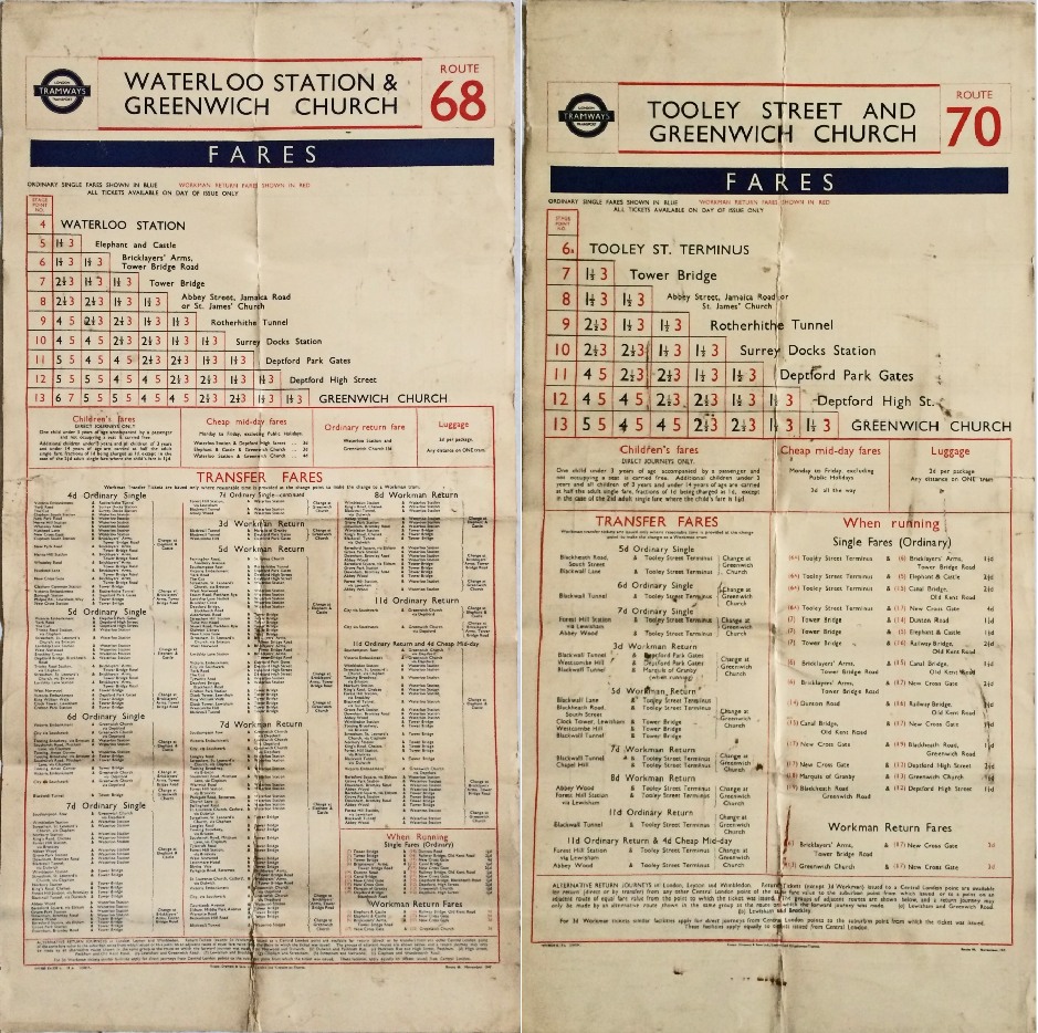 London Transport Tramways double-sided CARD FARECHART dated November 1947 for routes 68 (Waterloo