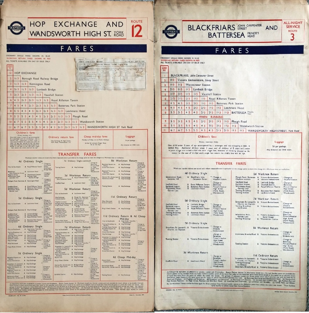 London Transport Tramways double-sided CARD FARECHART dated November 1949 for routes 12 (Hop