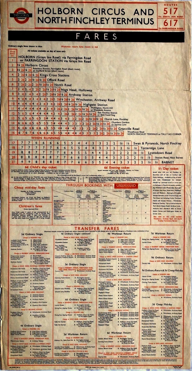 WW2 London Transport paper TROLLEYBUS FARECHART dated March 1941 for routes 517/617 between