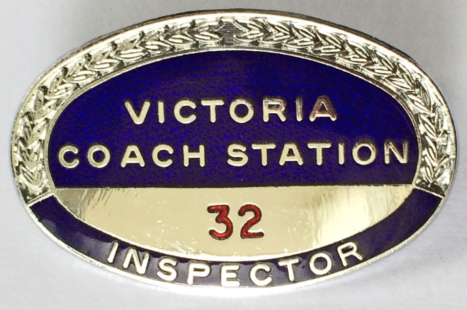 Victoria Coach Station Inspector's CAP BADGE made of chromed metal with enamel inlays and bearing