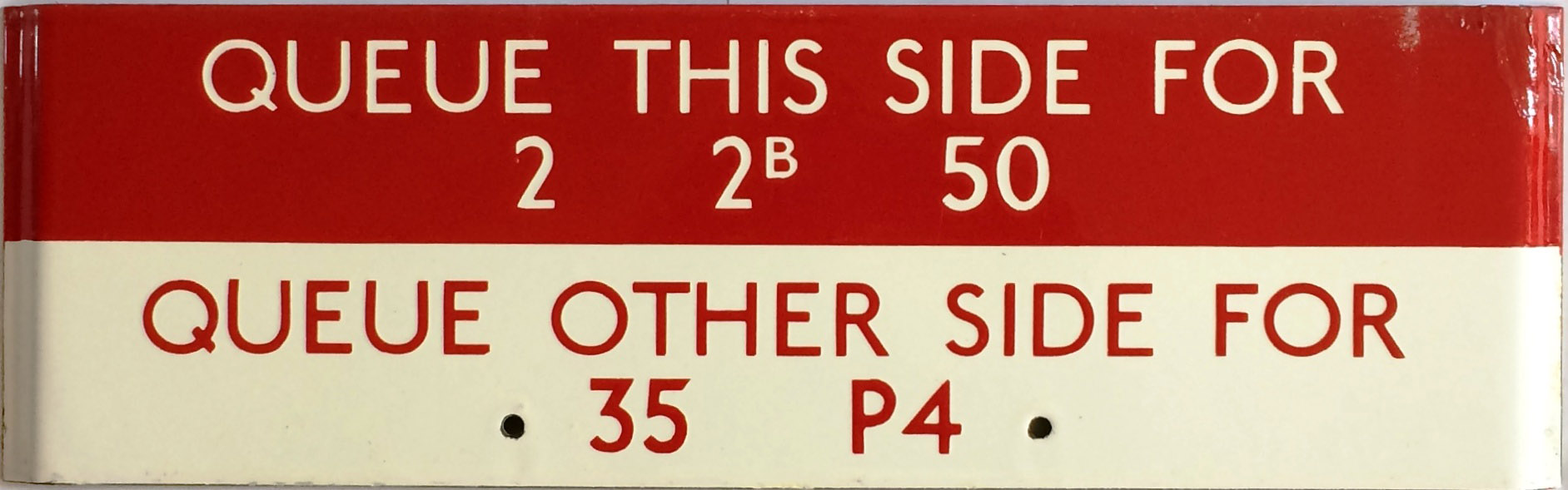 London Transport enamel bus stop Q-PLATE "Queue this side for 2, 2B, 50 - Queue other side for 35,