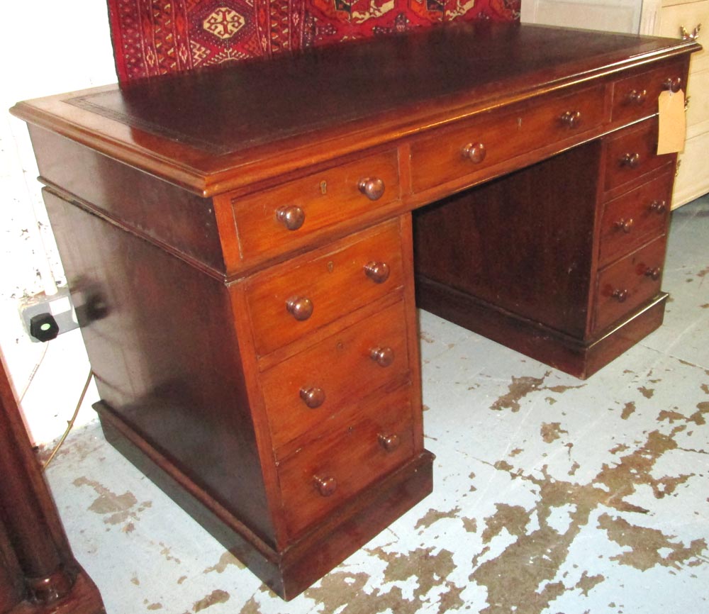 PEDESTAL DESK, Victorian mahogany with tooled hide leather and nine drawers, 123cm W x 66cm D x 76cm