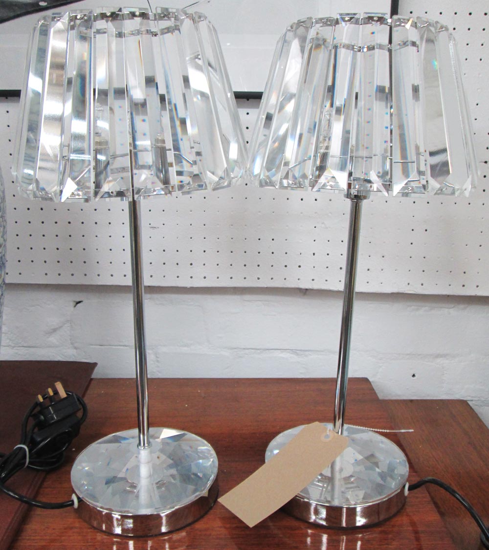 TABLE LAMPS, a pair, in chromed metal and crystal with crystal shade, 47cm H. (2)