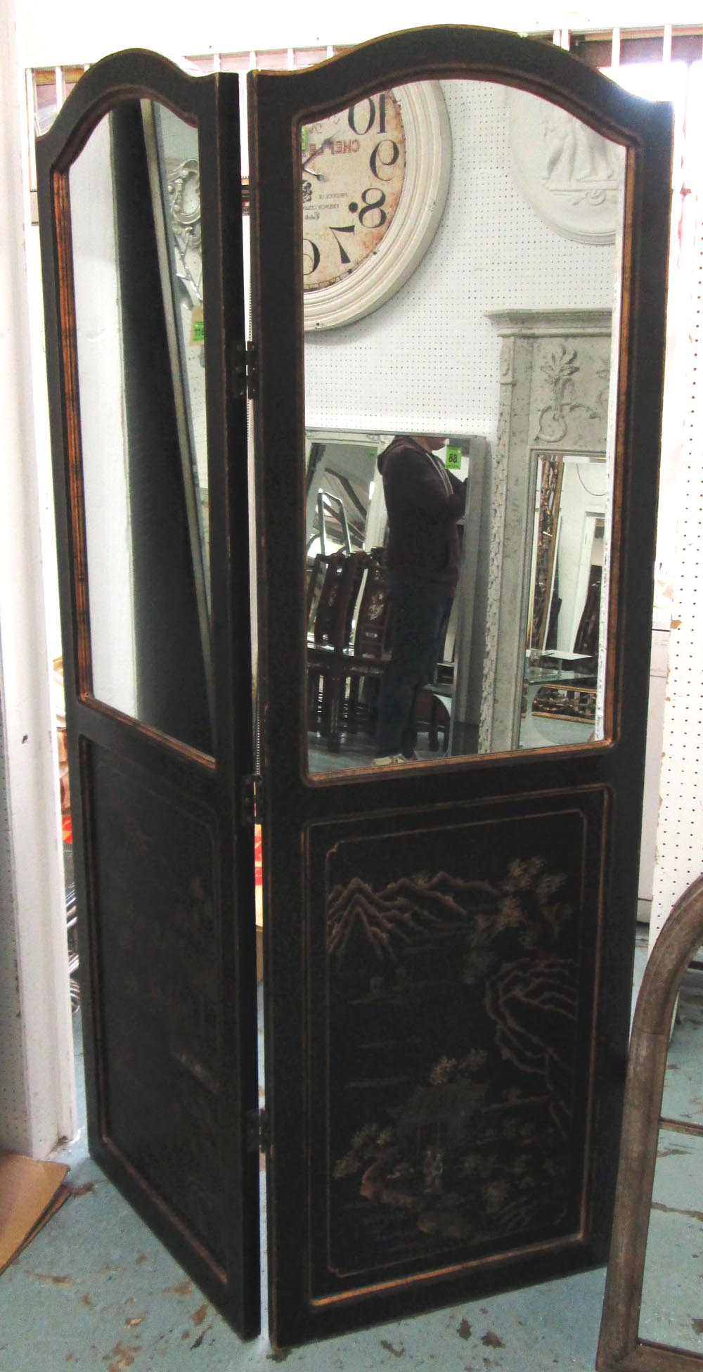 MIRRORED TWO FOLD SCREEN, in black lacquer chinoiserie style with gold painted trim, 120cm (60cm x