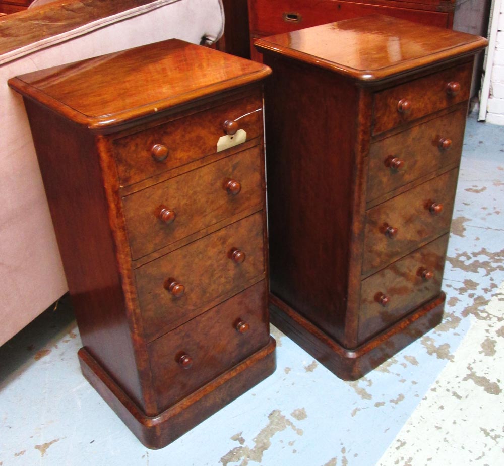 BEDSIDE CHESTS, a pair, Victorian burr walnut each adapted with four drawers and plinth base, 77cm H