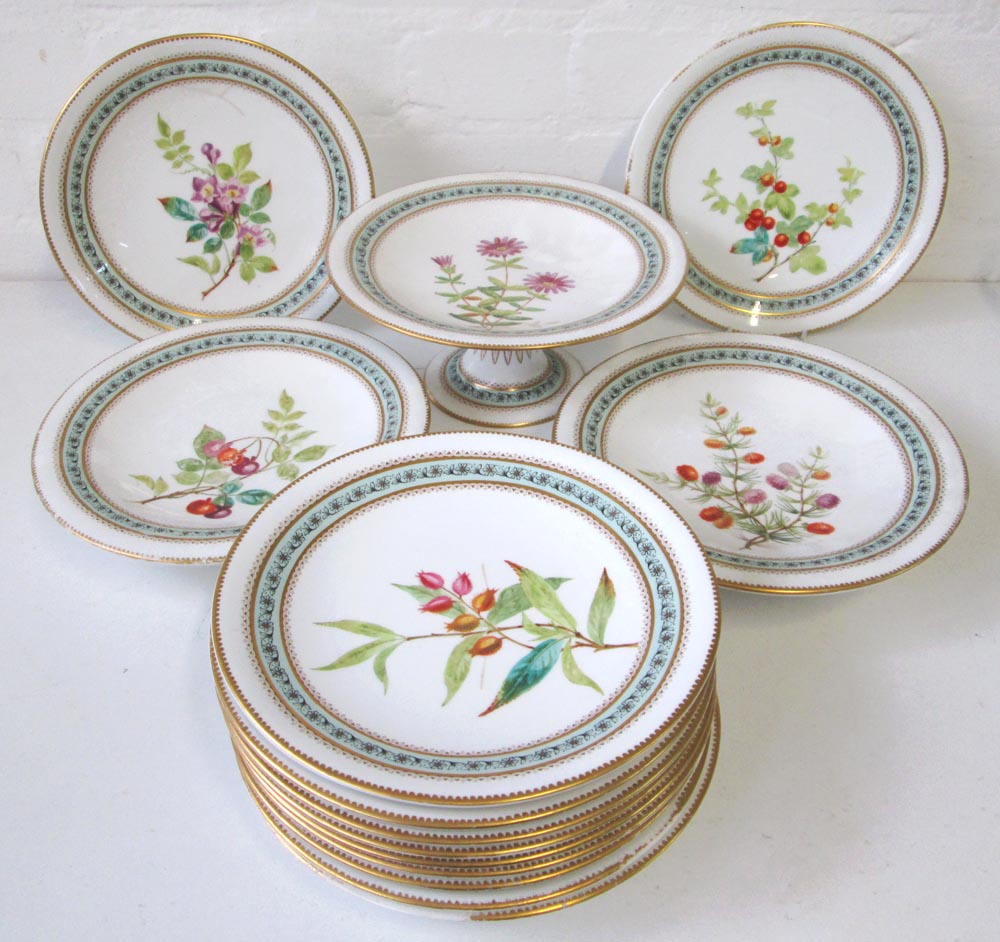 ROYAL WORCESTER PLATES, a set of twelve, date marked for 1877, handpainted with botanic specimens