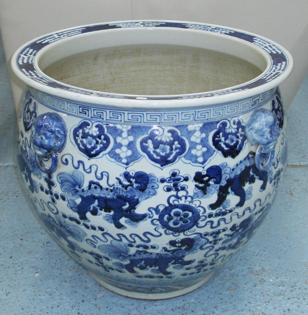 CARP BOWL, Chinese style, blue and white, 57cm diam x 51cm H.