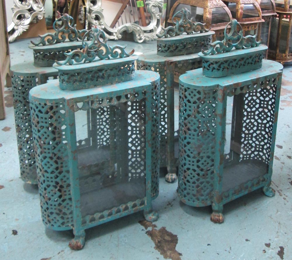 STORM LANTERNS, a set of four, French blue distressed finish, 48cm H. (4)