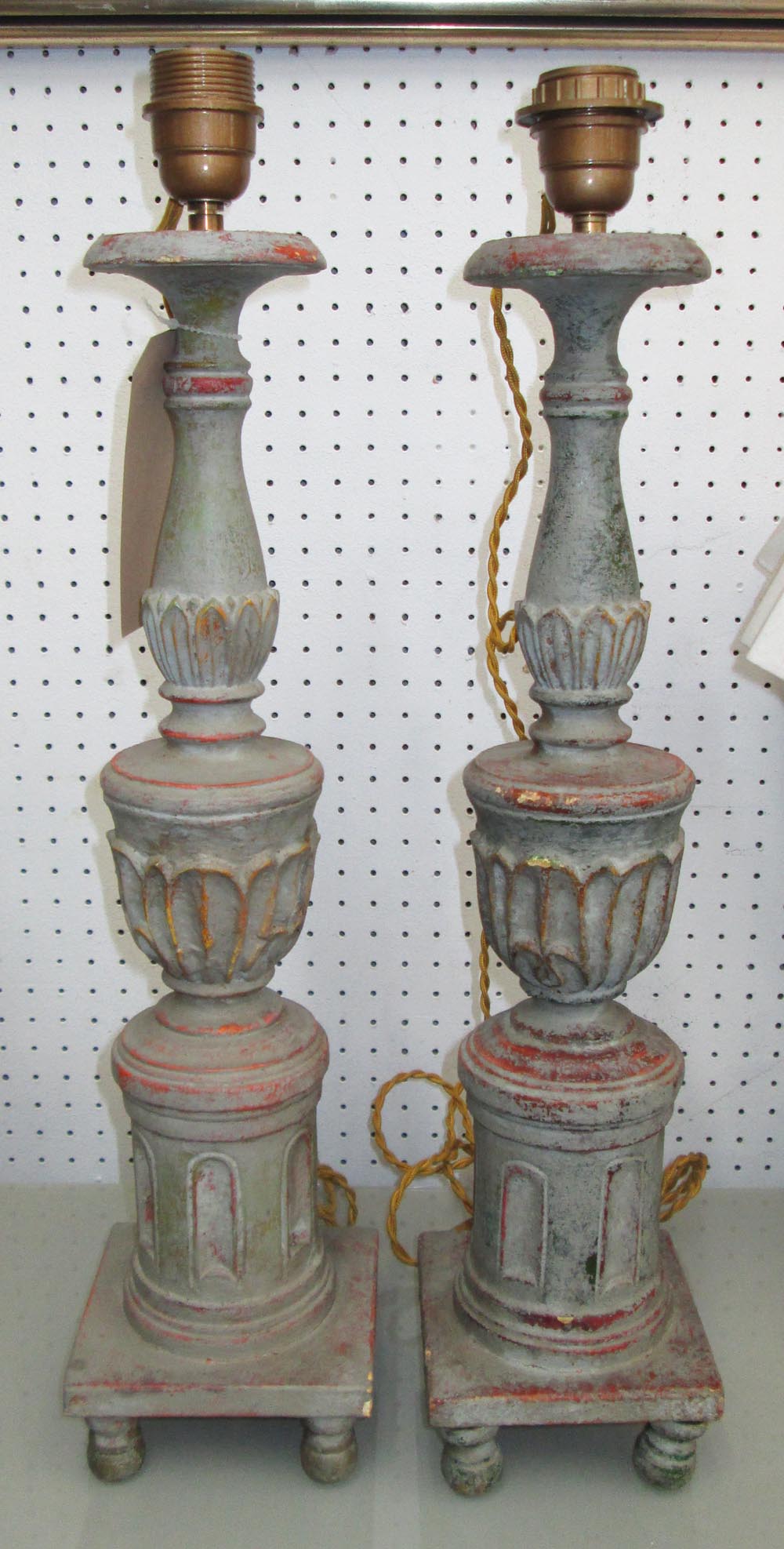 TABLE LAMPS, a pair, grey painted in a distressed finish, 59cm H. (2) (with faults)