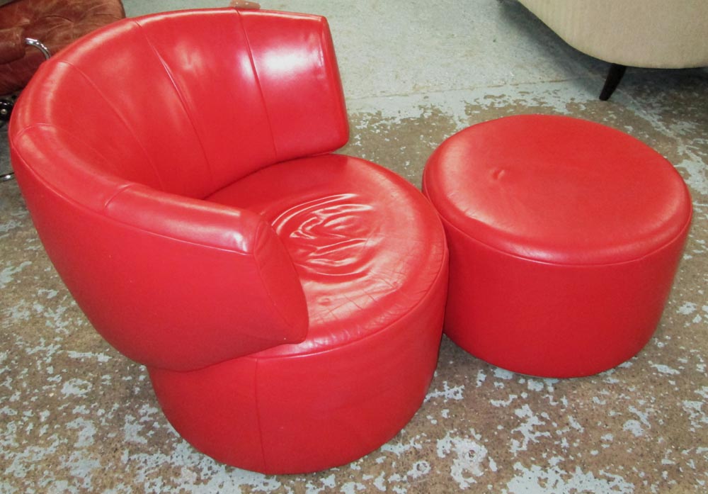 ROLF BENZ SWIVEL CHAIR, red leather, 80cm x 74cm H and ottoman (bears plaque). (2) (with faults)