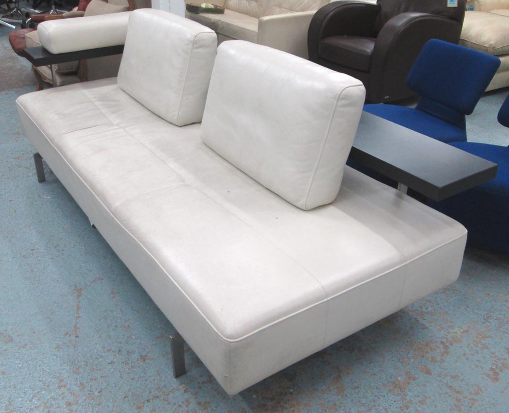 ROLF BENZ SOFA, cream leather with wooden back rest, 95cm x 250cm x 92cm H. (with faults, marks