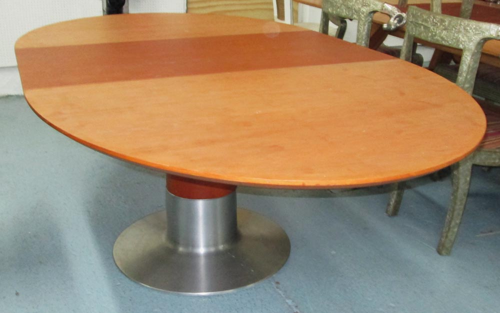 DINING TABLE, oval with an extra leaf on a pedestal column, 115cm x 219cm L extended. (with faults)