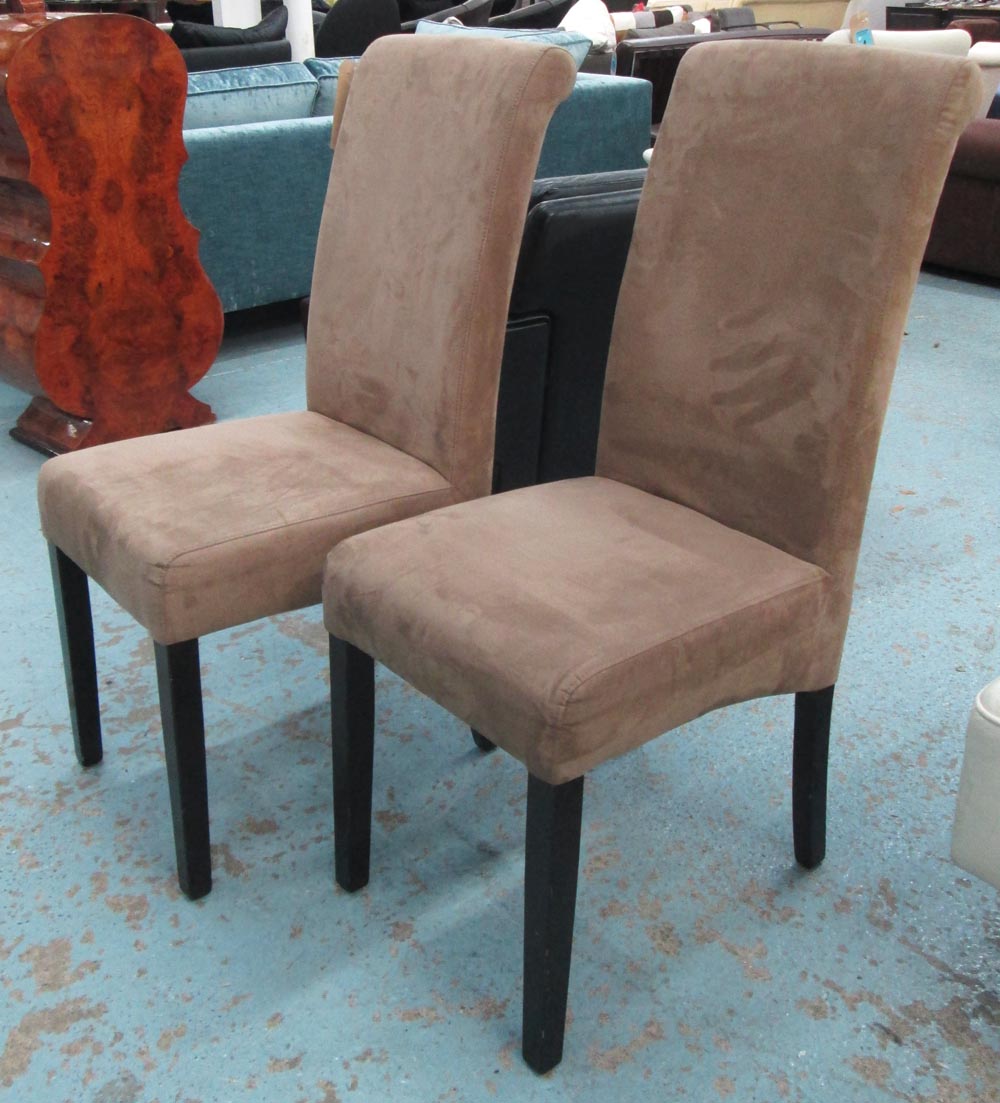 DINING CHAIRS, a set of five, in alcantara on ebonised square supports, 41cm. (5)