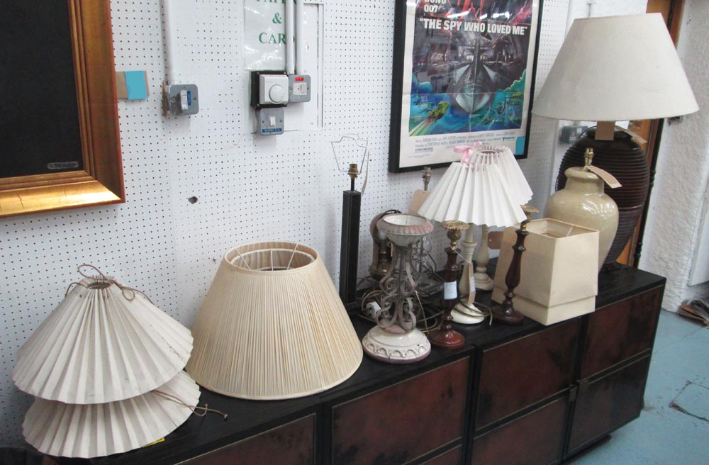 TABLE LAMPS, a quantity of differing shades and sizes and a standard lamp and a selection of shades,