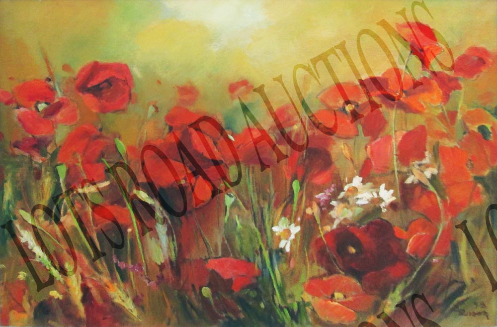 GIOVANNI BISSON (Italian) 'Poppies', 1993, oil on canvas, 50cm x 70cm, signed, dated and framed.