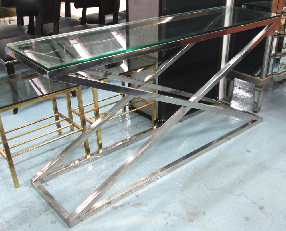 CONSOLE TABLE, with glass top on chromed metal X framed base, 150cm x 40cm x 74cm H. (with faults)
