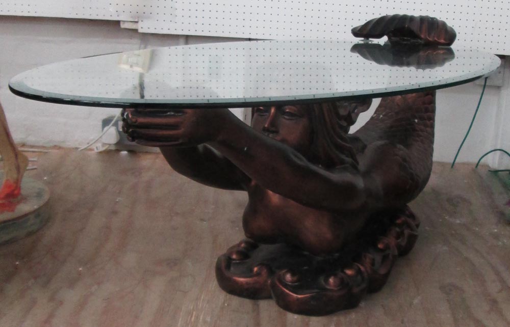 OCCASIONAL TABLE, with glass top on bronze effect mermaid support, 125cm x 60cm 44cm H. (with