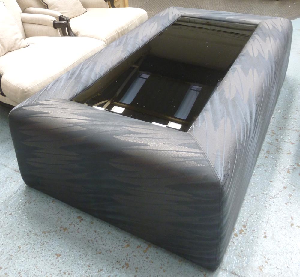 LOW TABLE/OTTOMAN, feather patterned fabric with black glass bevelled top, 100cm D x 180cm L x