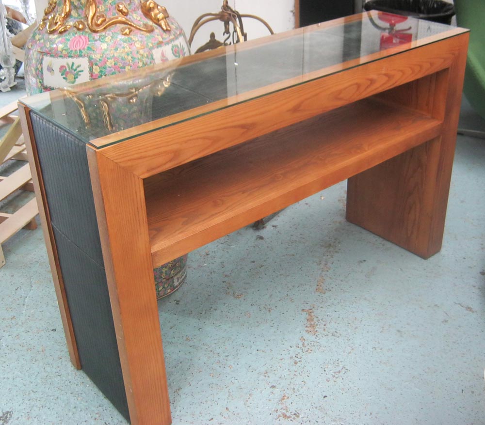 CONSOLE TABLE, with glass top in faux crocodile and oak with shelf below, 130cm x 39cm x 83cm H.