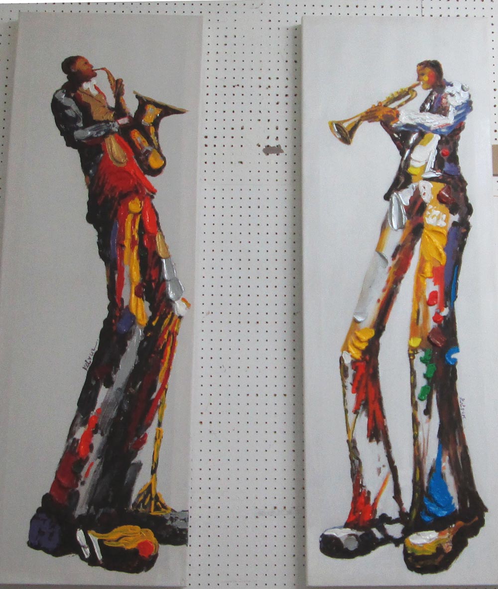 OILS ON CANVAS, a pair, jazz players, 120cm x 40cm. (2)