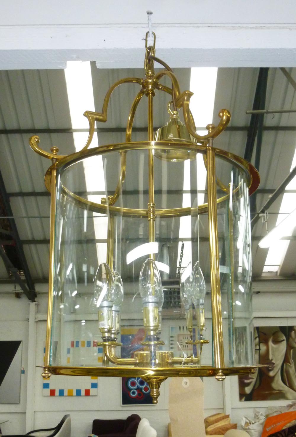 CHRISTOPHER WRAY HANGING LANTERN, polished brass frame with bevelled glass, and six arms, approx