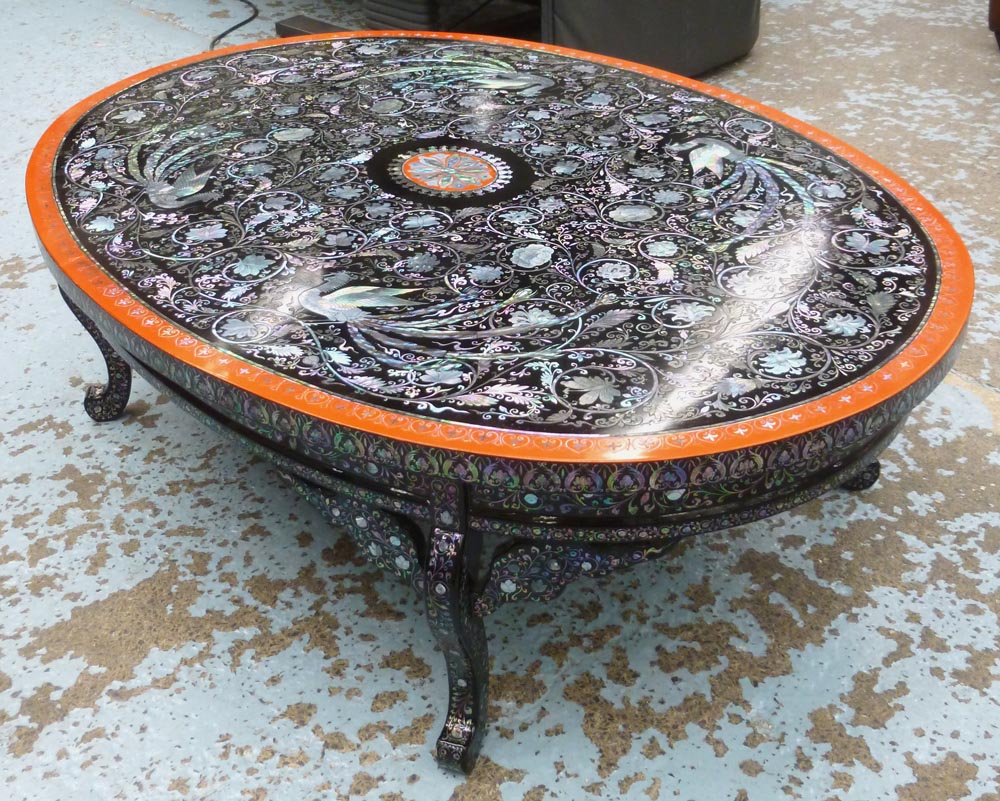 LOW TABLE, Chinese, with mother of pearl inlay of birds and flowers, 105cm W x 76cm D x 34cm H.