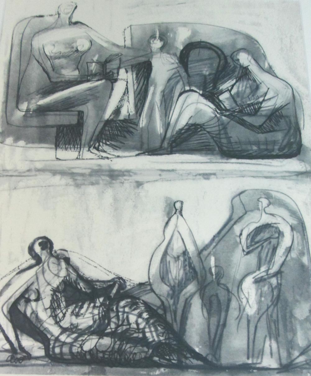 HENRY MOORE (British, 1898-1986), 'Two Reclining Figures', 1958, triptych, lithographs, 43cm x 32cm,