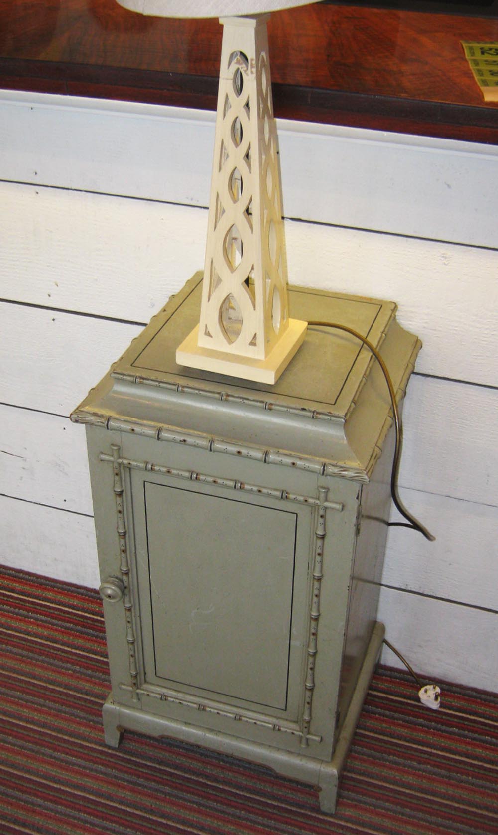 POT CUPBOARD, with painted finish and faux bamboo detail, 41cm x 75cm H and an openwork table