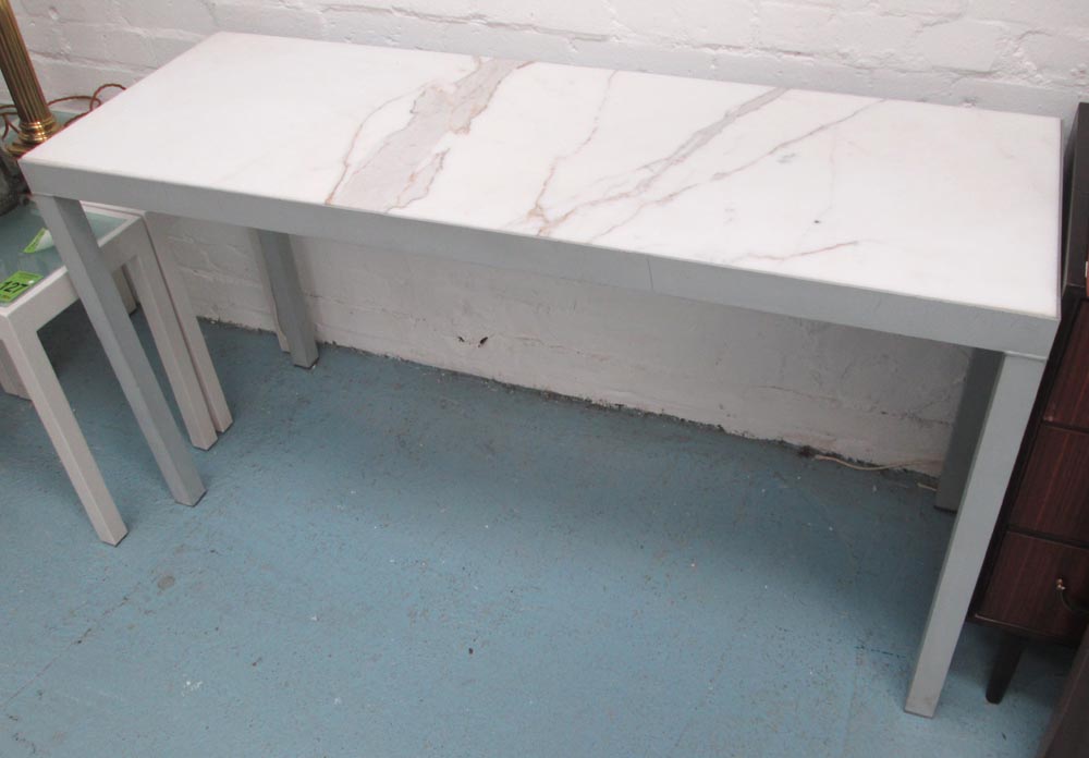 PHILIPPE STARCK CONSOLE TABLE, with marble top on metal supports, with light under, reputedly one of