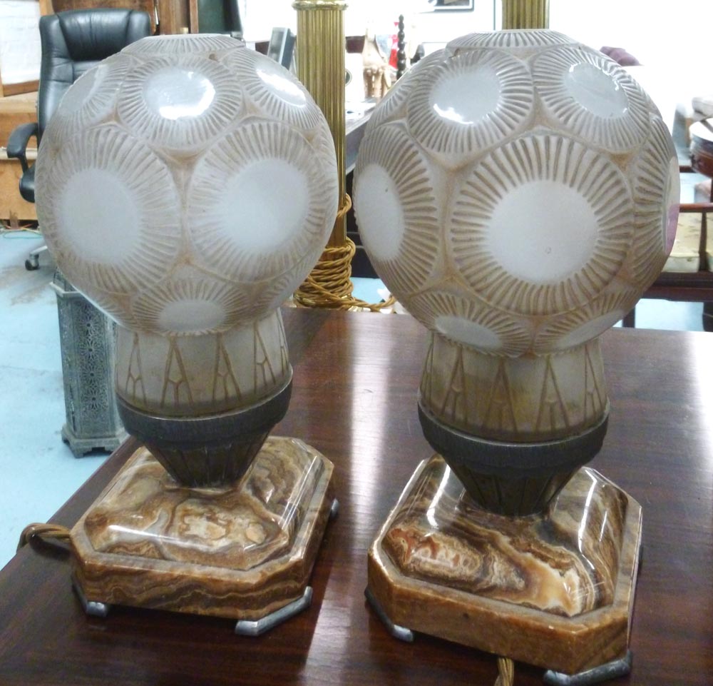 SIDE LAMPS, a pair, Art Deco style, with glass shades on marble bases, each approximately 27cm H. (