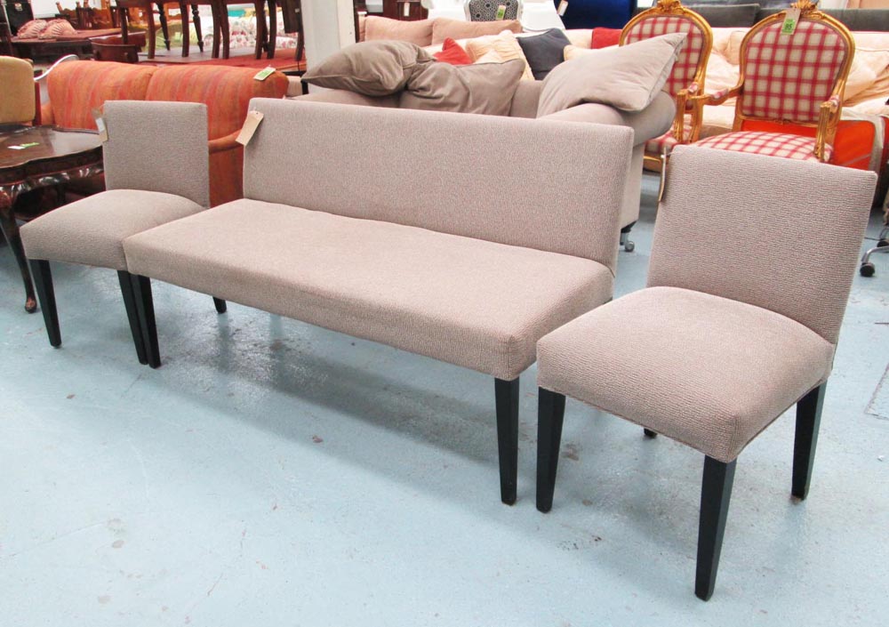 UPHOLSTERED BENCH, and two chairs to match, each 146cm W x 61cm D x 85cm. (3)