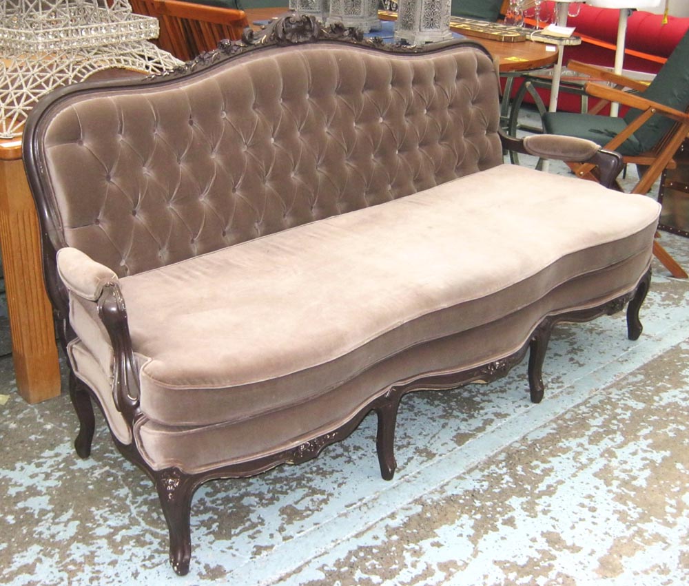 SOFA, three seater, French style with a buttoned back, in taupe velour and brown painted frame,