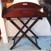 BUTLERS TRAY, 19th century mahogany with oval hinged sided top on folding stand, 71cm H x 90cm W x