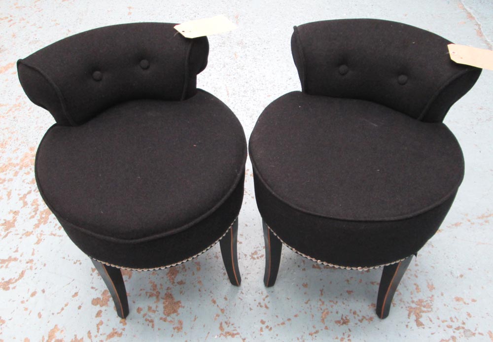 BEDSIDE CHAIRS, a pair, in black fabric on square legs section, 44cm. (2)