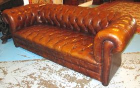 CHESTERFIELD SOFA, Vintage faded tan brown hide leather deep buttoned upholstered back, arms and