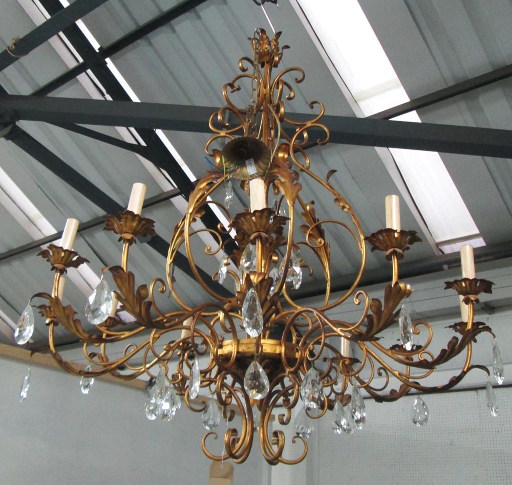 BELLA FIGURA CHANDELIER, twelve branch gilded floral metal frame with glass drops, 144cm H.