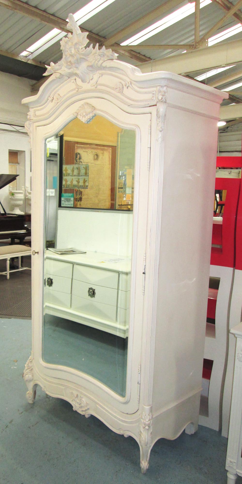 ARMOIRE, white painted with arched top fitted interior and mirrored door, 110cm x 58cm x 235cm H. (