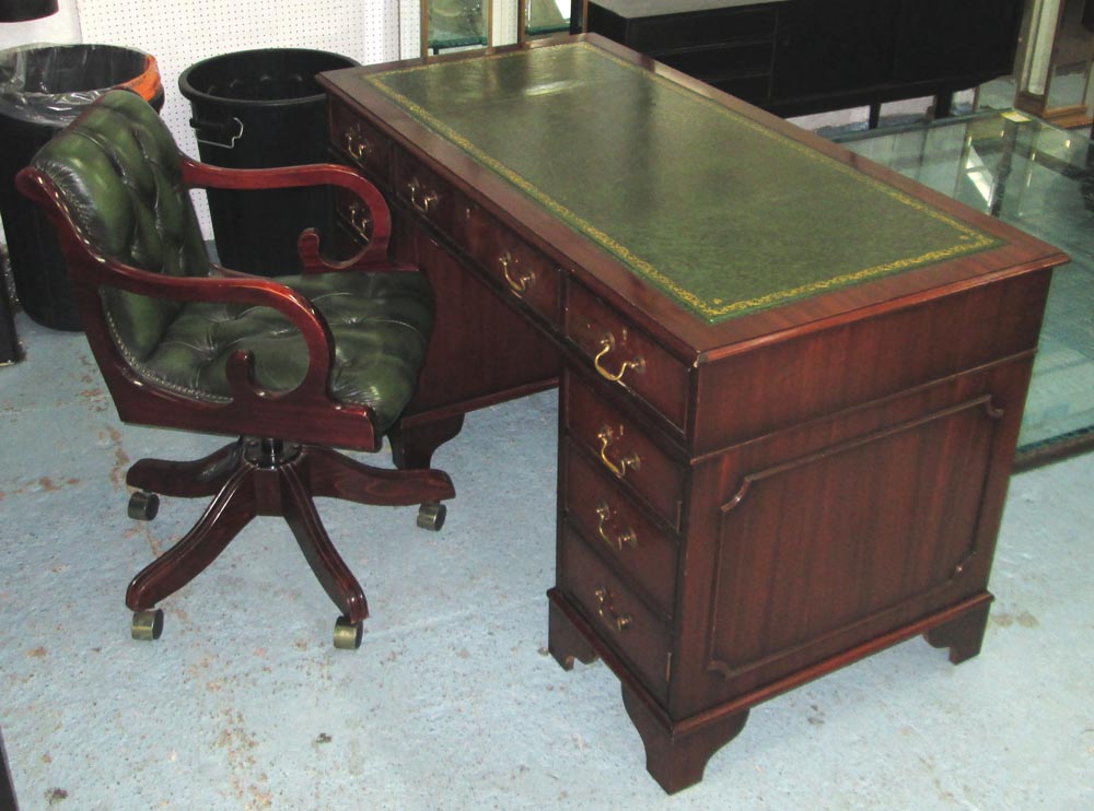 PEDESTAL DESK, mahogany having leather top and eight drawers below on bracket supports, 138cm x 68cm